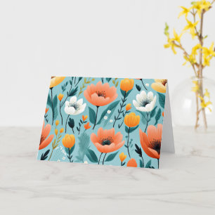 Colourful Art Flowers, aqua, white, peach, yellow Card