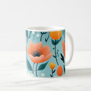 Colourful art flowers-aqua, white, peach, yellow, coffee mug