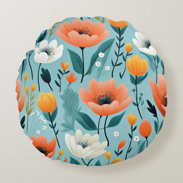 Colourful art flowers-aqua, white, peach, yellow, round cushion (Front)
