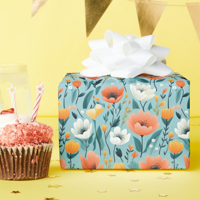 Colourful art flowers-aqua, white, peach, yellow, wrapping paper (Birthday Party)