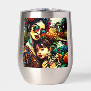 Colourful Art Mum and Daughter Asian Flower Garden