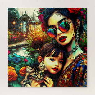 Colourful Art Mum and Daughter Asian Flower Garden Jigsaw Puzzle