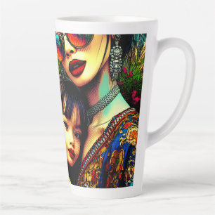 Colourful Art Mum and Daughter Asian Flower Garden Latte Mug