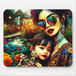 Colourful Art Mum and Daughter Asian Flower Garden Mouse Mat