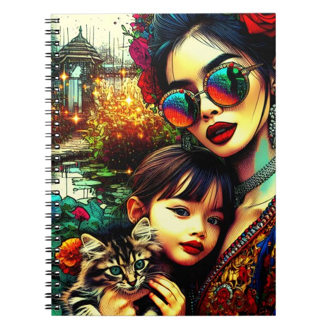 Colourful Art Mum and Daughter Asian Flower Garden Notebook (Front)