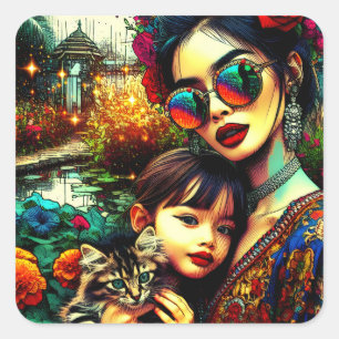 Colourful Art Mum and Daughter Asian Flower Garden Square Sticker