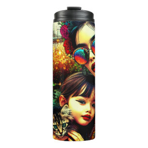 Colourful Art Mum and Daughter Asian Flower Garden Thermal Tumbler