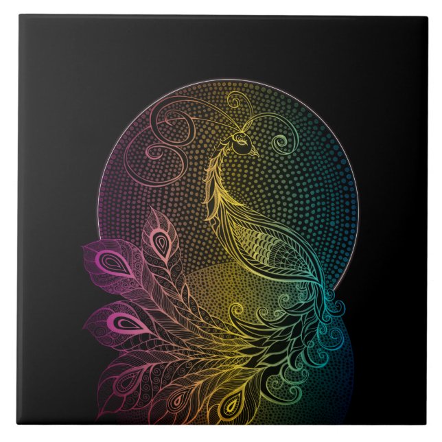 Colourful Art Nouveau Midnight peacock illustratio Tile (Front)