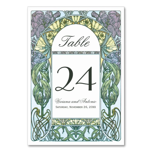 Colourful Art Nouveau Vintage Wedding Table Number (Front)