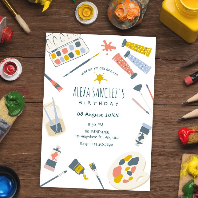 Colourful art paint brush birthday invitation (Creator Uploaded)