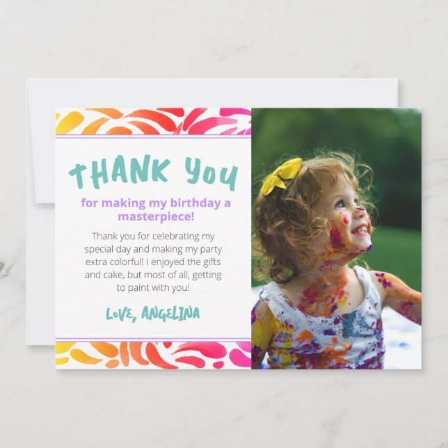 Colourful Art Painting Party Girl Birthday Thank You Card (Front)