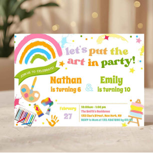 Colourful Art Sibling Birthday Party Joint  Invitation