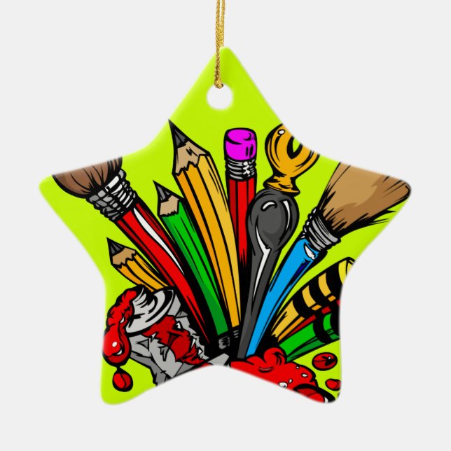 Colourful Art Supplies Ceramic Tree Decoration (Front)