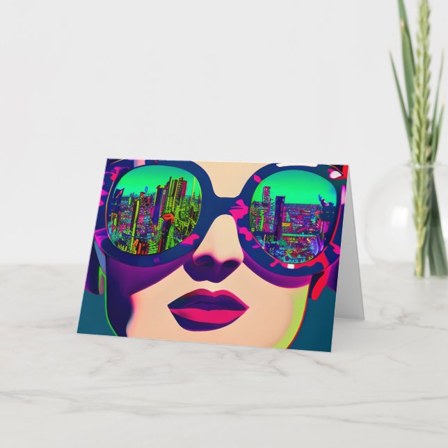 Colourful Art Woman in Sunglasses City Reflection  Card (Front)