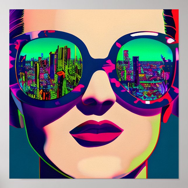Colourful Art Woman in Sunglasses City Reflection  Poster (Front)