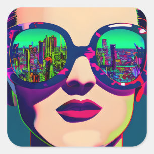 Colourful Art Woman in Sunglasses City Reflection  Square Sticker