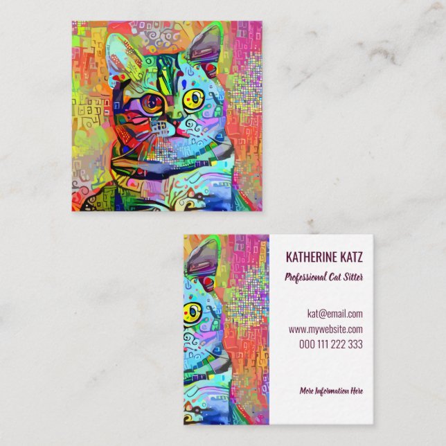 Colourful Artistic Cute Pet Cat Portrait Template  Square Business Card (Front/Back)
