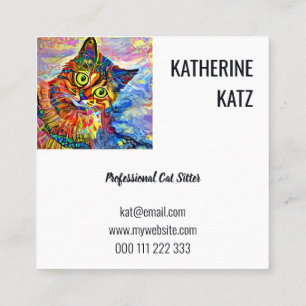 Colourful Artistic Cute Pet Cat Portrait Template Square Business Card