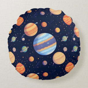 Colourful Artistic Depiction of Planets and Stars Round Cushion