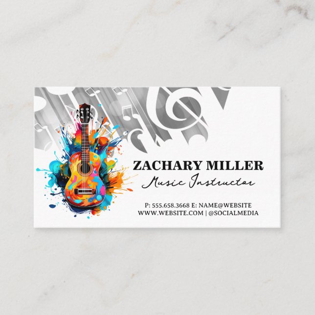 Colourful Artistic Guitar | Musical Notes Business Card (Front)