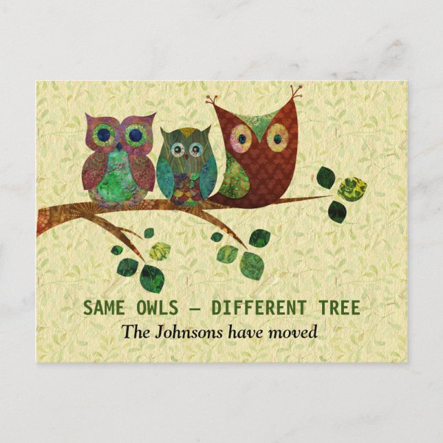 Colourful Artistic Owls New Address Announcement Postcard (Front)