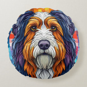 Colourful Artistic Portrait of a Dog Round Cushion