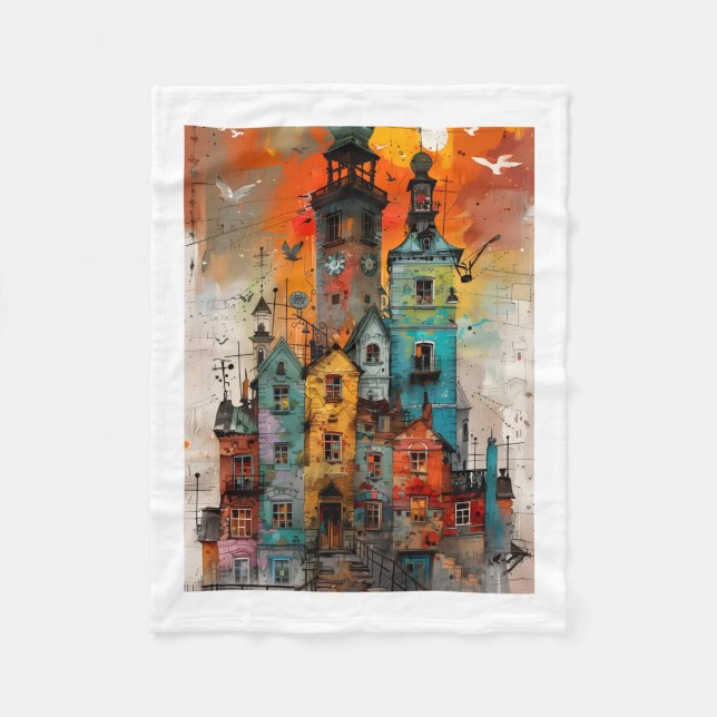Colourful Artistic Townscape Throw Blanket (Front)