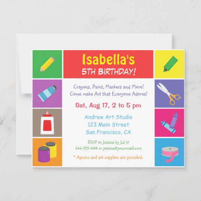 Colourful Arts and Craft Theme Kids Birthday Party Invitation (Front)