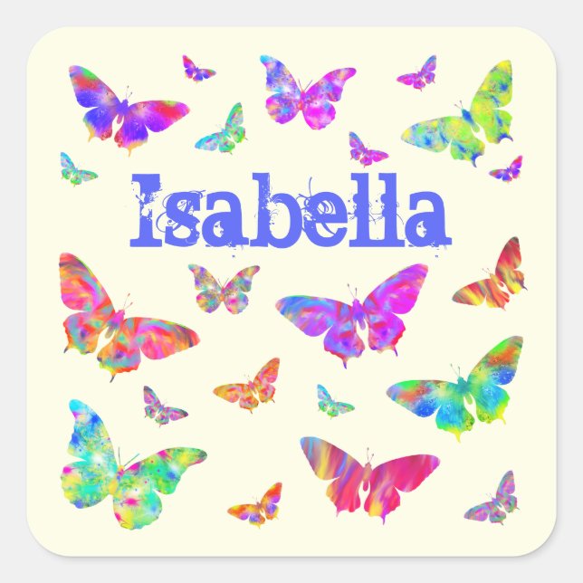Colourful Artsy Butterfly Pattern Isabella Name Square Sticker (Front)