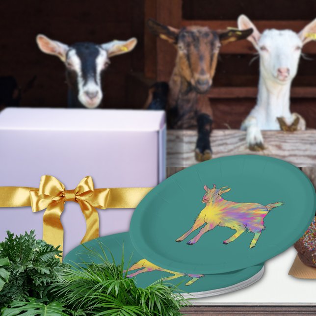 Colourful artsy goat on things just add your name paper plate (Cute goat colorful farm animal party paper plate)