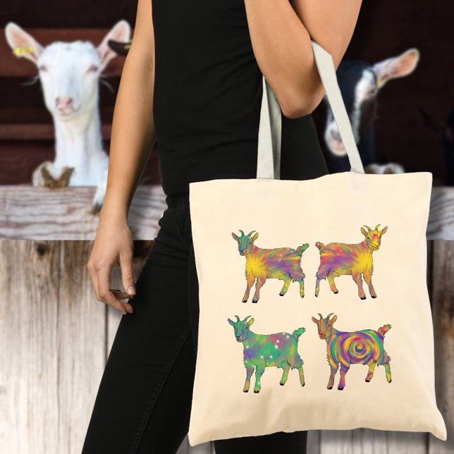 Colourful Artsy Goats Standing on Things Design Tote Bag (Cute goats colorful farm animal art tote bag)