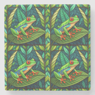 Colourful artwork of green frogs with red eyes stone coaster