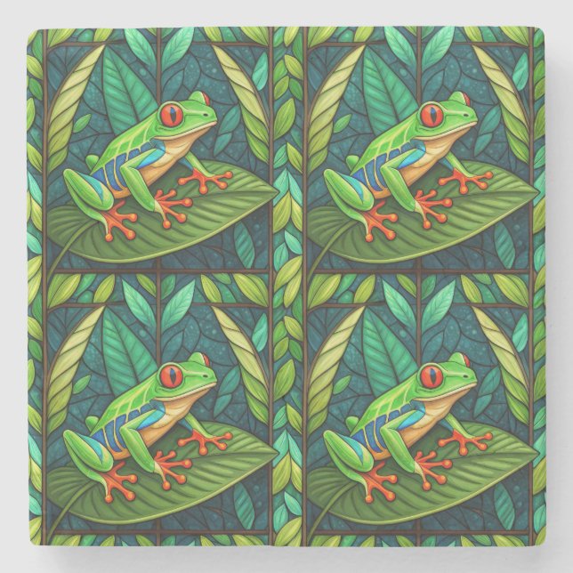 Colourful artwork of green frogs with red eyes  stone coaster (Front)