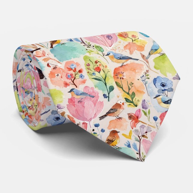 Colourful Arty Birds and Flowers Watercolor Tie (Rolled)
