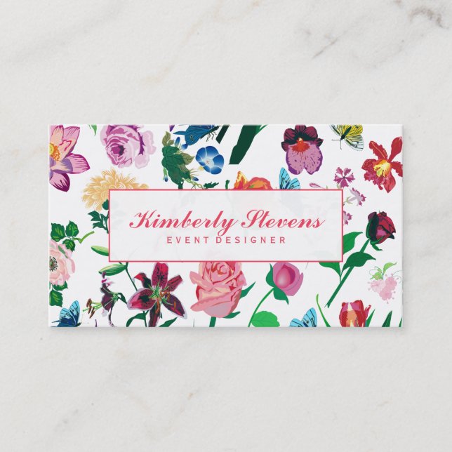 Colourful Assorted Flowers White Background 3 Business Card (Front)