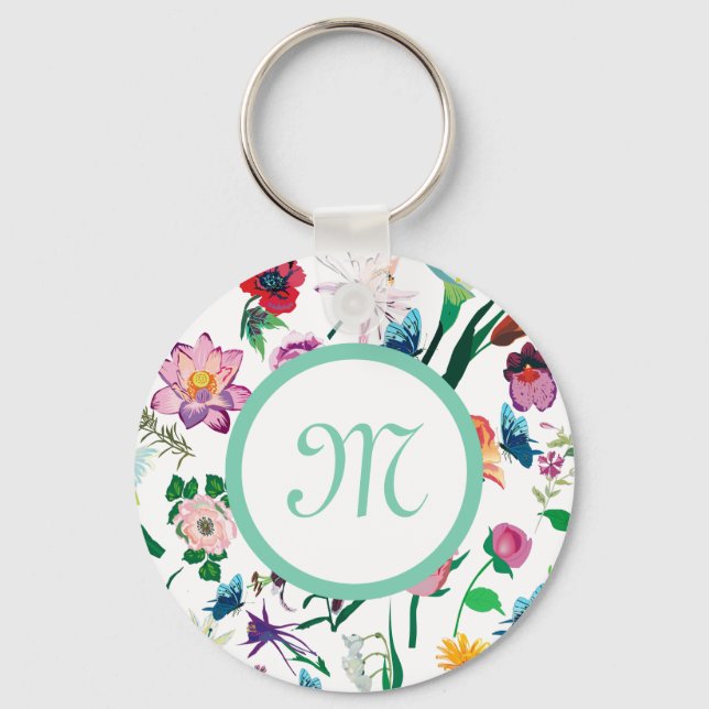 Colourful Assorted Flowers White Background Key Ring (Front)