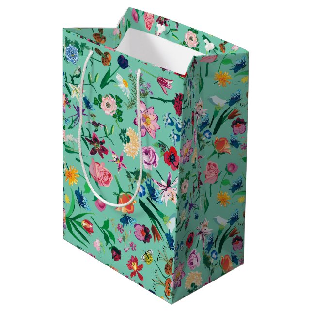 Colourful Assorted Spring Flowers Mint Background Medium Gift Bag (Back Angled)