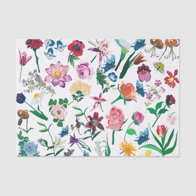 Colourful Assorted Spring Flowers White Background Tissue Paper (Front)