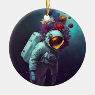 Colourful Astronaut in Space with Flowers Artwork  Ceramic Tree Decoration