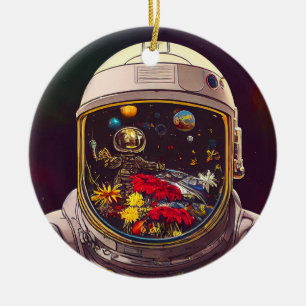 Colourful Astronaut in Space with Flowers Artwork  Ceramic Tree Decoration