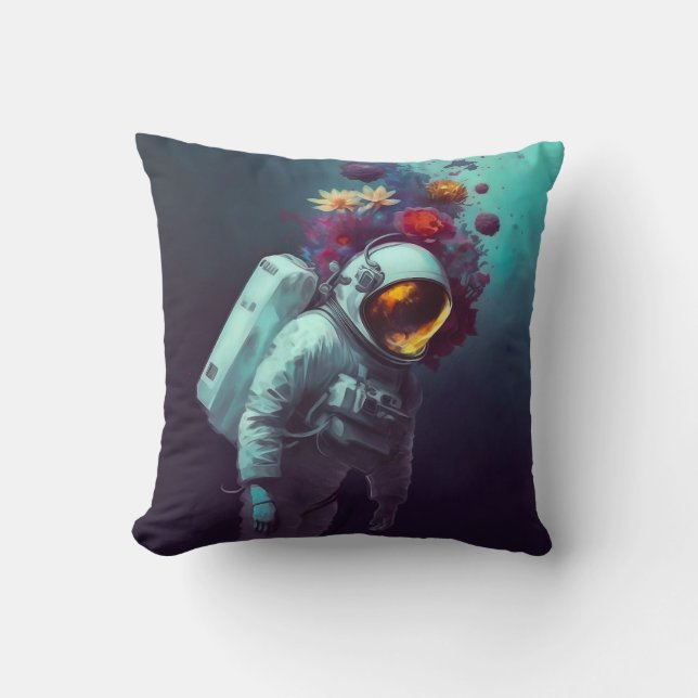 Colourful Astronaut in Space with Flowers Artwork  Cushion (Front)