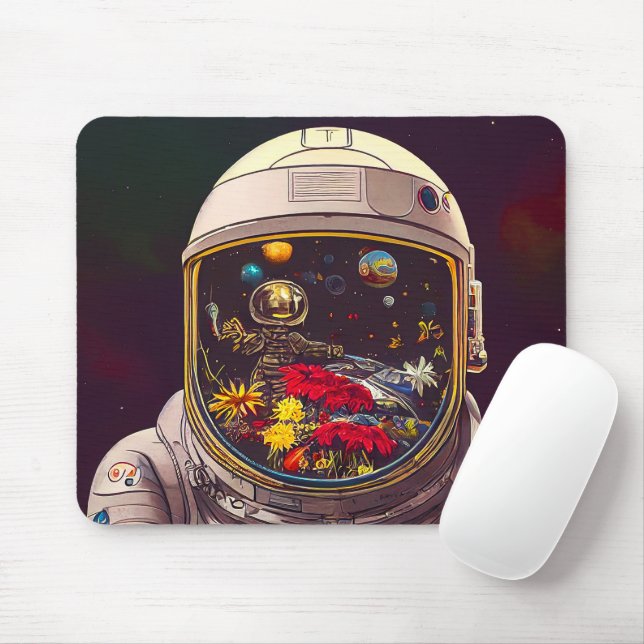 Colourful Astronaut in Space with Flowers Artwork  Mouse Mat (With Mouse)