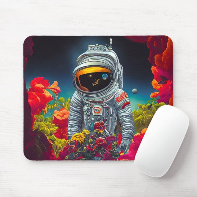 Colourful Astronaut in Space with Flowers Artwork  Mouse Mat (With Mouse)