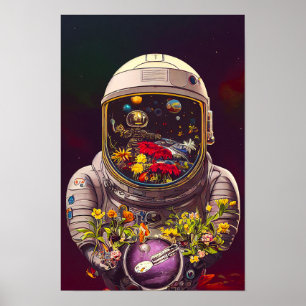 Colourful Astronaut in Space with Flowers Artwork  Poster