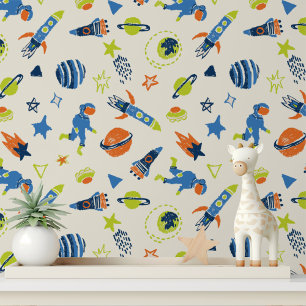 Colourful Astronaut Rockets Planets Kids Space Wallpaper
