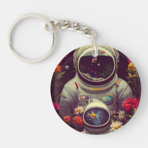 Colourful Astronauts in Space with Flowers Artwork Key Ring
