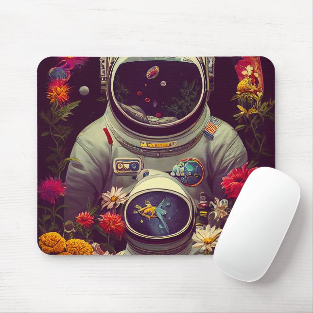 Colourful Astronauts in Space with Flowers Artwork Mouse Mat (With Mouse)