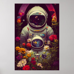 Colourful Astronauts in Space with Flowers Artwork Poster