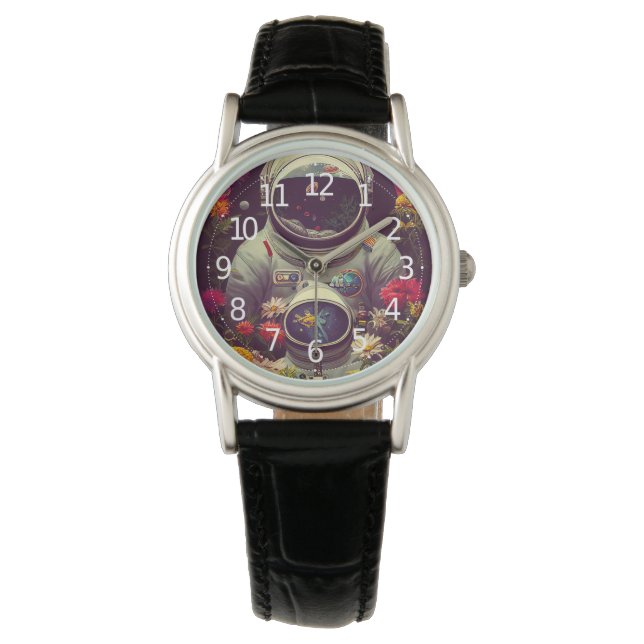 Colourful Astronauts in Space with Flowers Artwork Watch (Front)