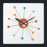 Colourful Atomic Age Starburst Mid Century Modern Square Wall Clock<br><div class="desc">This colourful mid century modern clock features an atomic starburst in teal blue,  yellow,  red,  tan,  and dark grey. So fun to add to your wall!</div>